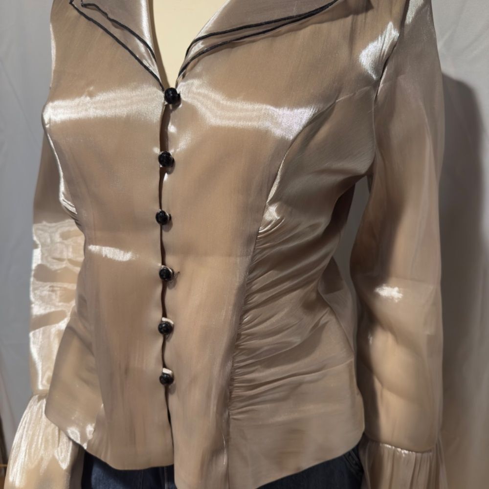 Vintage Gold Chiffon Sheer Organza Shirred Blouse Ruffled Sleeves Size Me… - Picture 2 of 6
